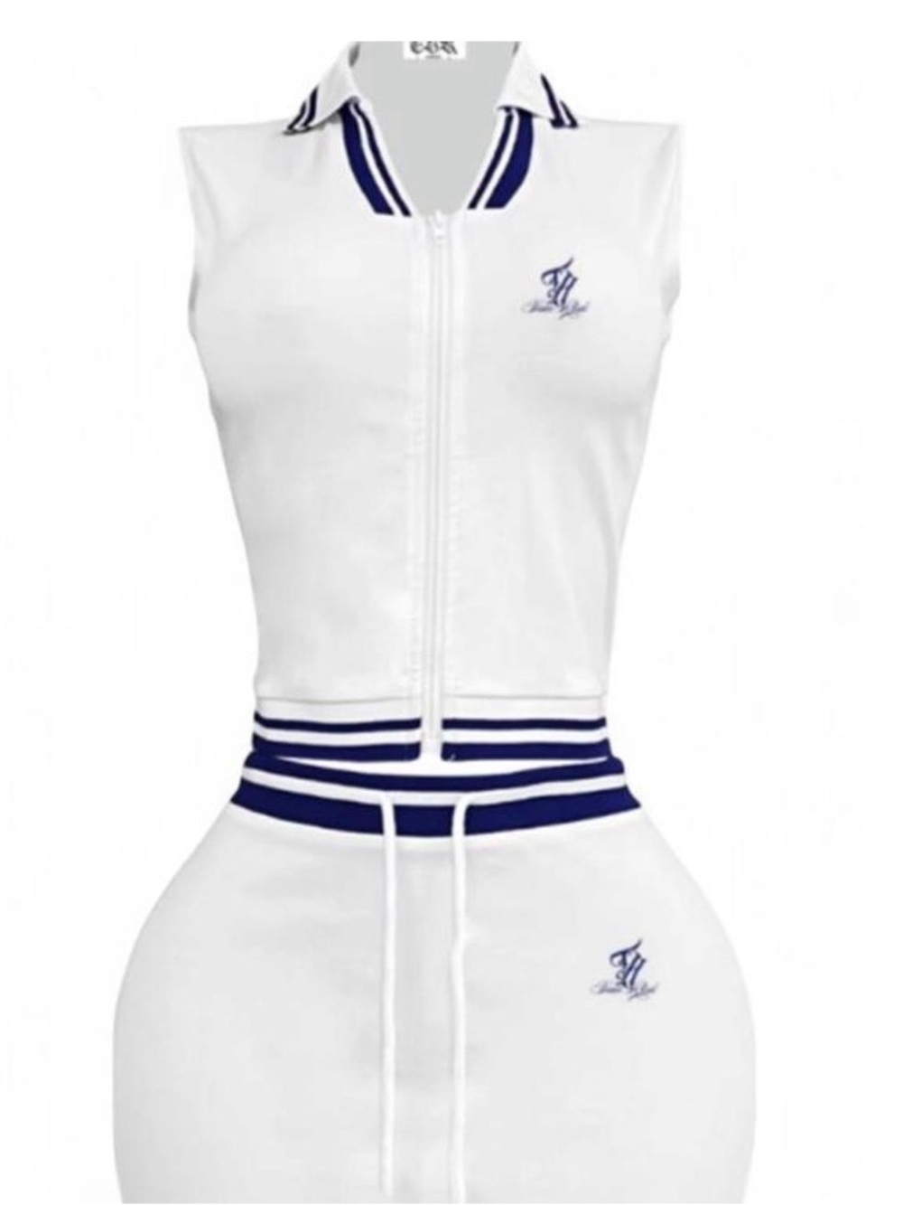 Women's White & Navy Zip Front Crop Top by